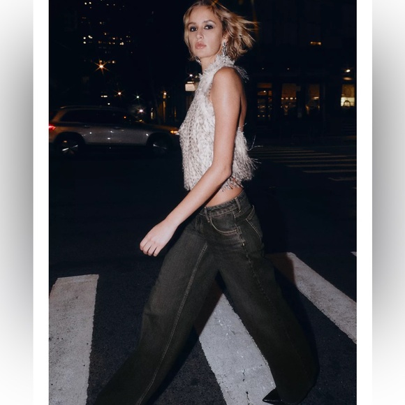 Zara Feathery Halter Crop Top in White and Brown - Picture 9 of 10